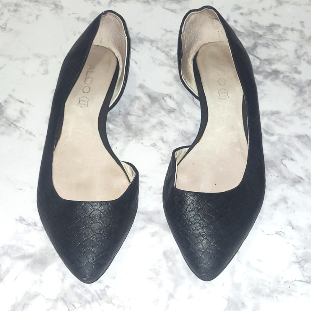 Aldo ballet flats black Textured Embossed snake Genuine Leather 8 M pointy toe